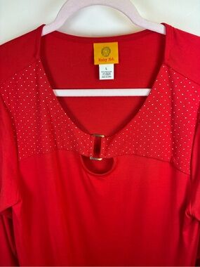 RUBY ROAD TUNIC  TOP BLOUSE  WOMEN LARGE RED W/ GOLD TRIM POLYESTER RAYON
